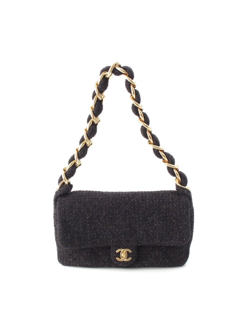 Chanel 25k Tweed Large Flap Chain Hobo Shoulder Bag Black Gold
